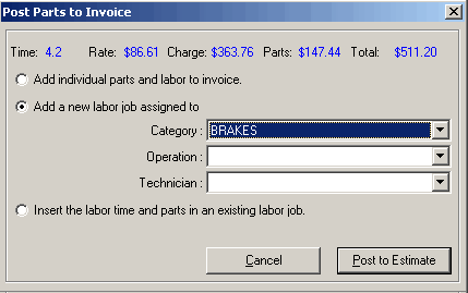 The Post Parts to Invoice window.